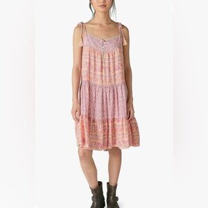 Lucky Brand Women's Mixed Print Tie Sleeve‎ Tiered Dress Large NWT